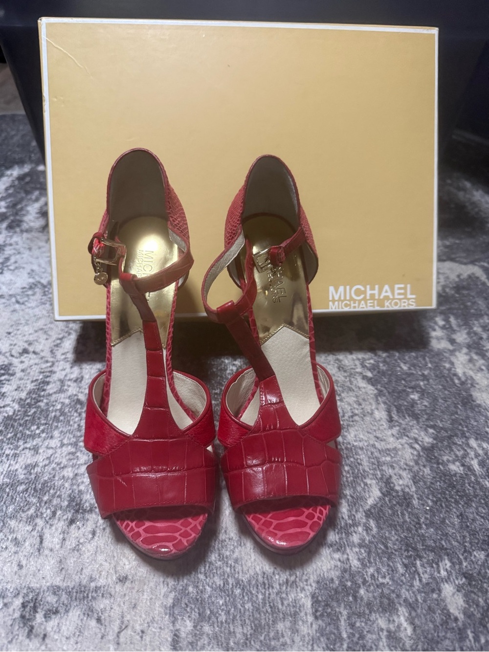 Michael Kors Red Croc-Embossed T-Strap Heeled Sandals